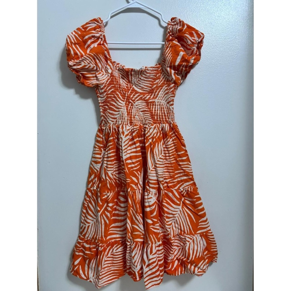 Girls Orange Leaf-Print Puff Sleeve Dress